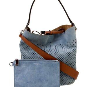 P426-Authentic Michael Kors Blue Suede Perforated Bucket bag & Matching Pouch